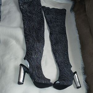 New Silver and Black Over-the-Knee Peeptoe  Boots
